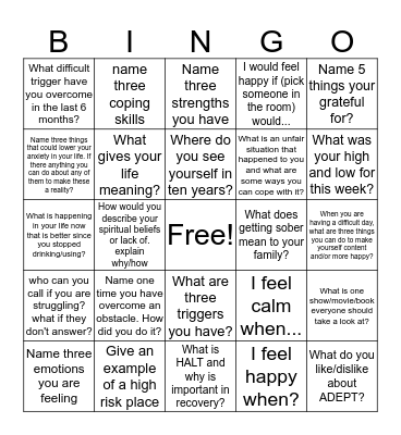 Recovery Bingo Card