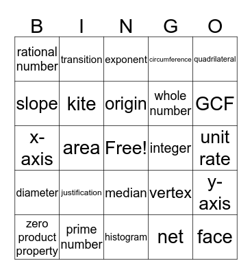 Algebra BINGO Card