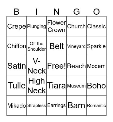 Bridal BINGO Card