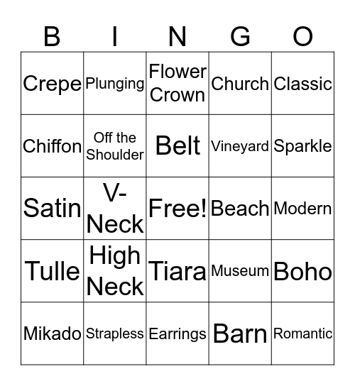 Bridal BINGO Card