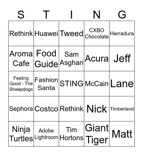 STING-O CARD Bingo Card