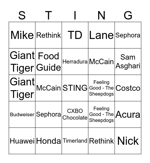 STING-O CARD Bingo Card