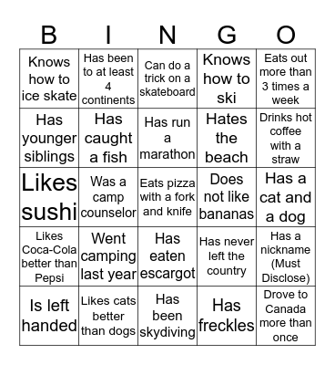 Getting to Know You Bingo Card