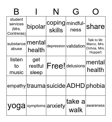 Mental Health Bingo Card