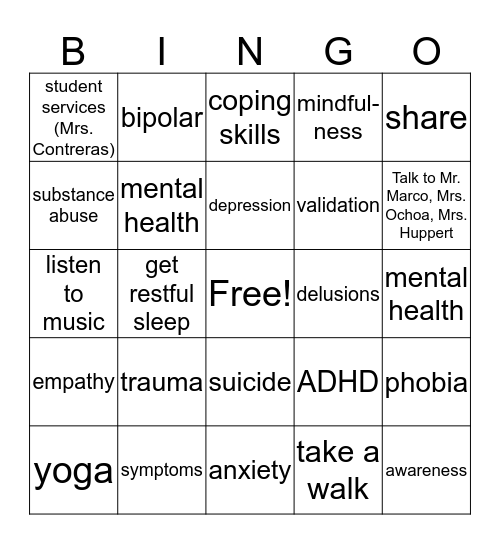 Mental Health Bingo Card