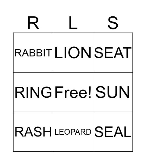 R sounds Bingo Card