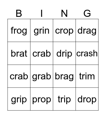 R Blends Bingo Card