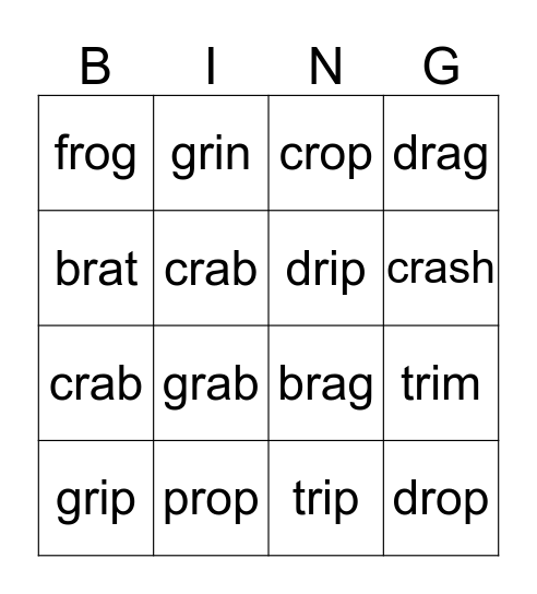 R Blends Bingo Card