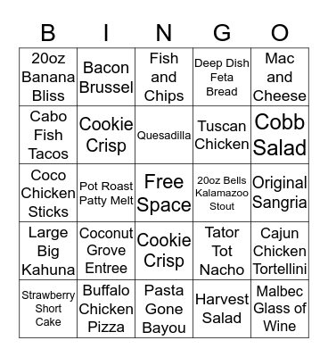 Entree Bingo Card