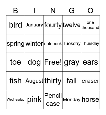 Vocabulary Bingo Card