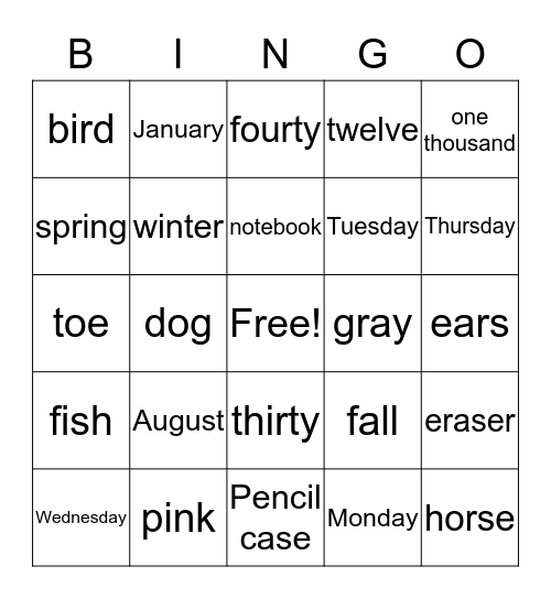 Vocabulary Bingo Card