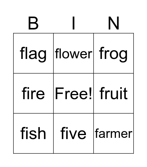 Words beginning with F Bingo Card