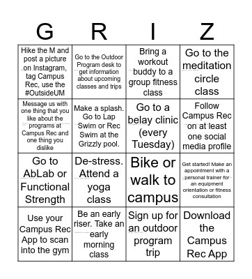 Fall Fitness Challenge Bingo Card