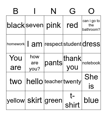 English Class Bingo Card