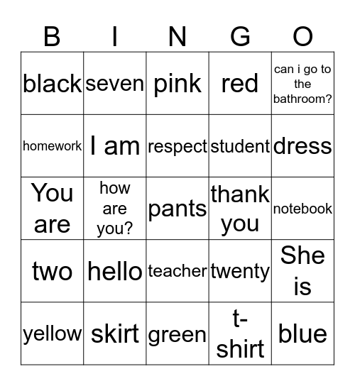 English Class Bingo Card