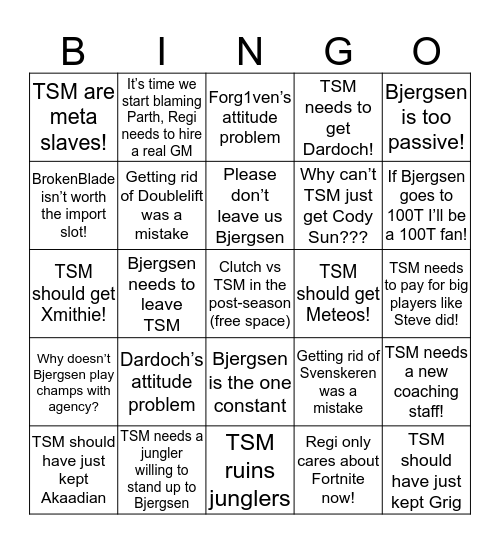 TSM Subreddit Off-Season Bingo Card