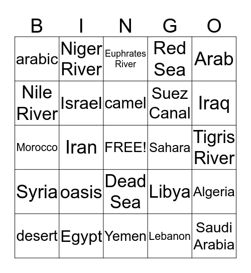 North Africa and Middle East Bingo Card