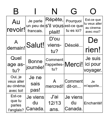Les Introductions en francais Bingo Card
