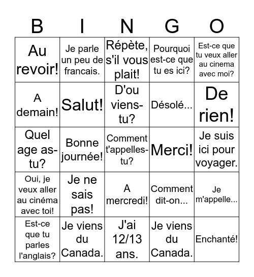 Les Introductions en francais Bingo Card