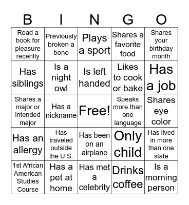 First Day Bingo Card