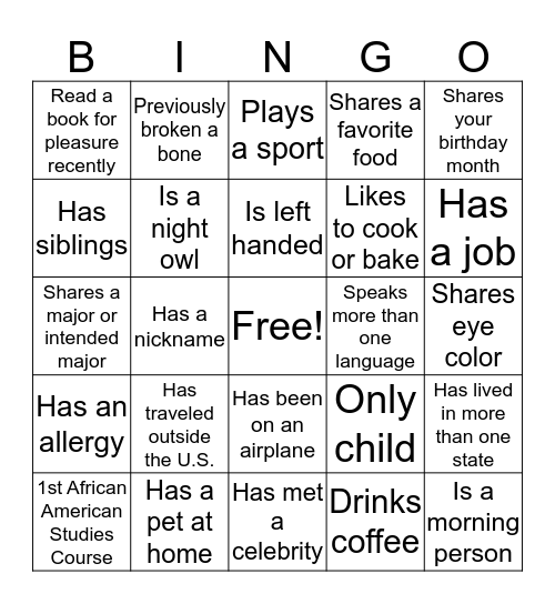 First Day Bingo Card