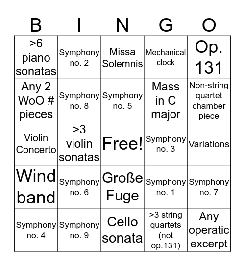 Beethovenmania 2019-2020 Bingo Card