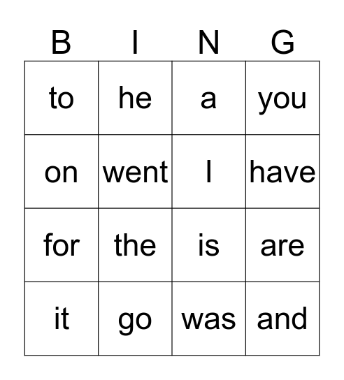 TK High Frequency Words Bingo Card