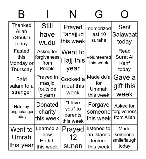 Islamic Human Bingo Card