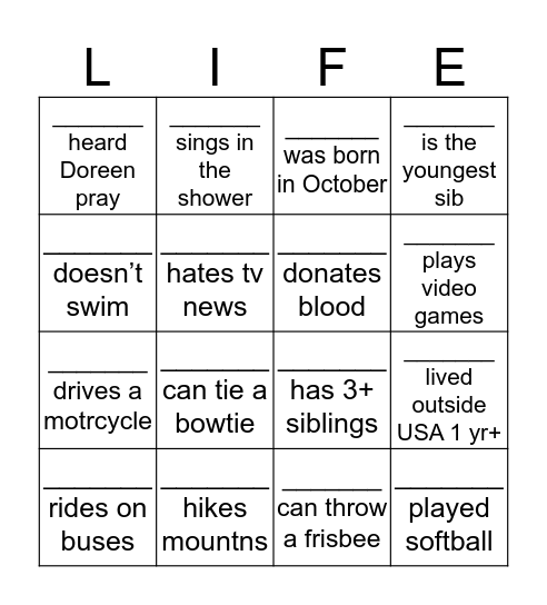 Getting to Know You Bingo Card