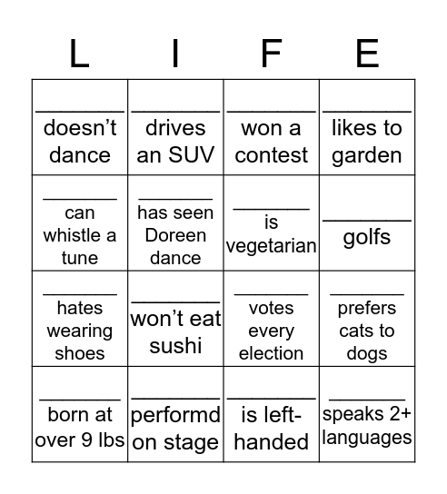 Getting to Know You Bingo Card