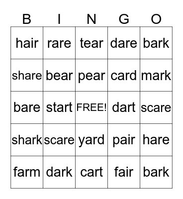 -AR, -ARE, -AIR Bingo Card