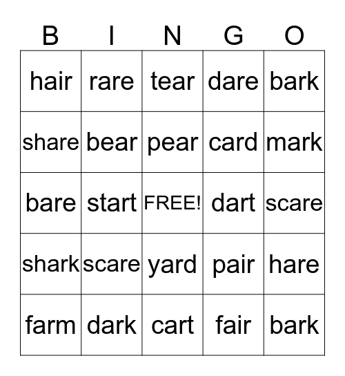 -AR, -ARE, -AIR Bingo Card