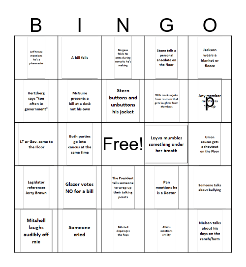 End of Session Bingo Card