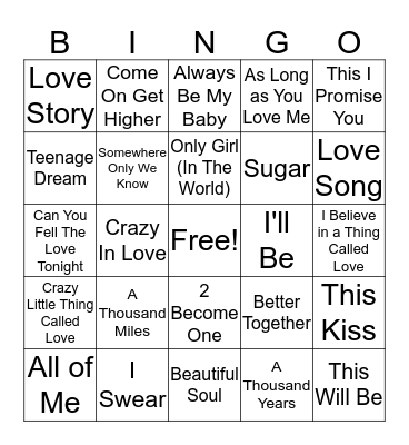 Love Song Bingo Card