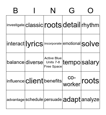 Active Blue Units 7-8, Vocabulary Review Bingo Card