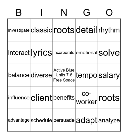 Active Blue Units 7-8, Vocabulary Review Bingo Card