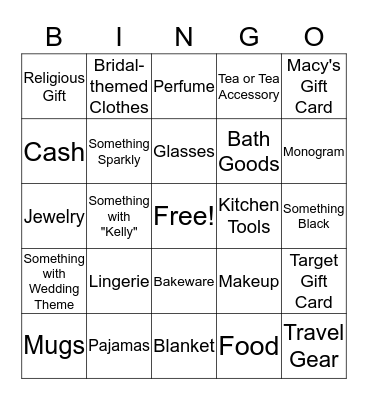 Kelly's Bridal Gift Bingo Card