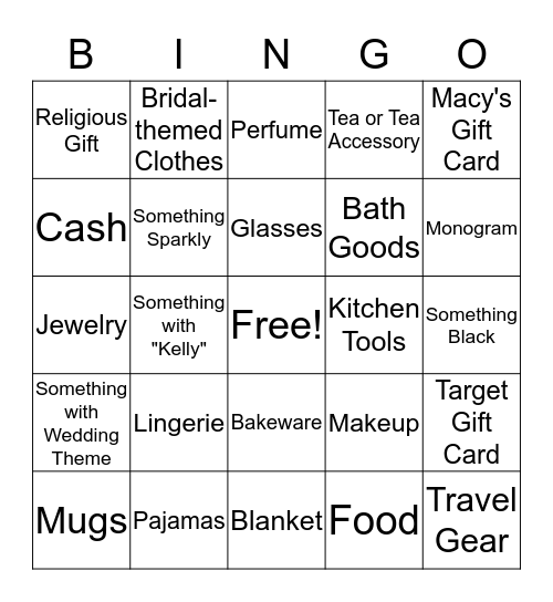 Kelly's Bridal Gift Bingo Card