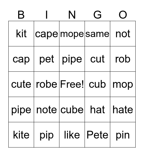 Magic E Bingo Card