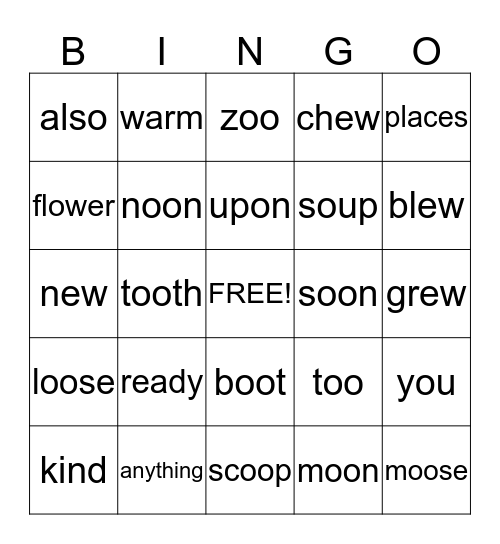 Lesson 24 WTK and OO, EW, OU Words Bingo Card