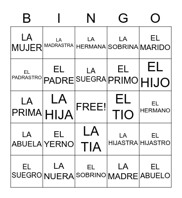 LA FAMILIA ~ LOS FAMILIARES  Bingo Card