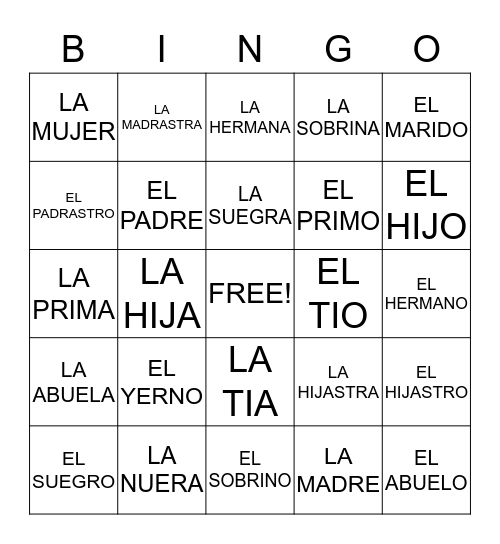 LA FAMILIA ~ LOS FAMILIARES  Bingo Card