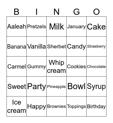 Aaleah Ice cream  Bingo Card