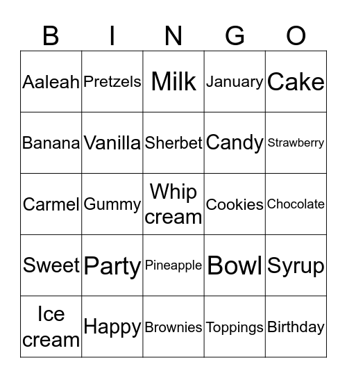 Aaleah Ice cream  Bingo Card