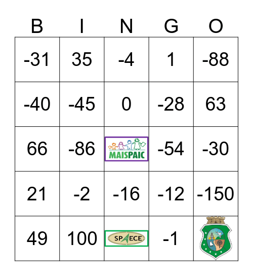 BINGO DOS NÚMEROS INTEIROS  Bingo Card
