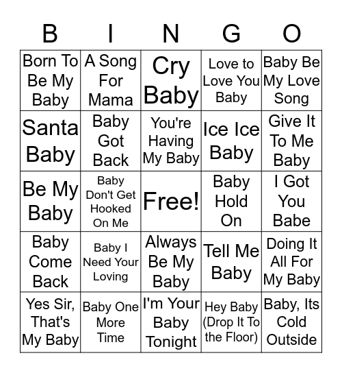 Kelsey's Baby Music Bingo Card