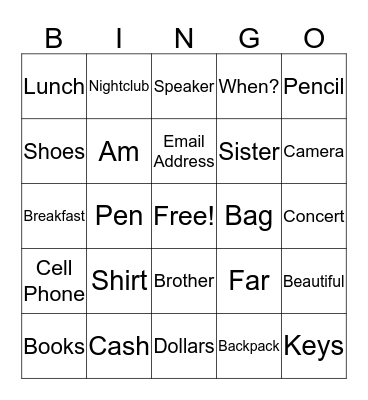 Exam Vocabulary Bingo Card