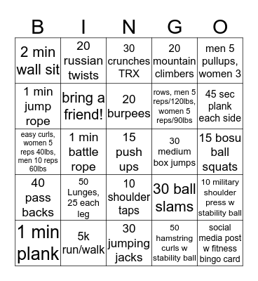 Weight Loss Bingo Card