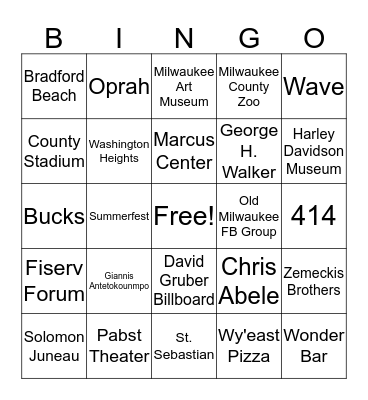 Milwaukee Bingo Card