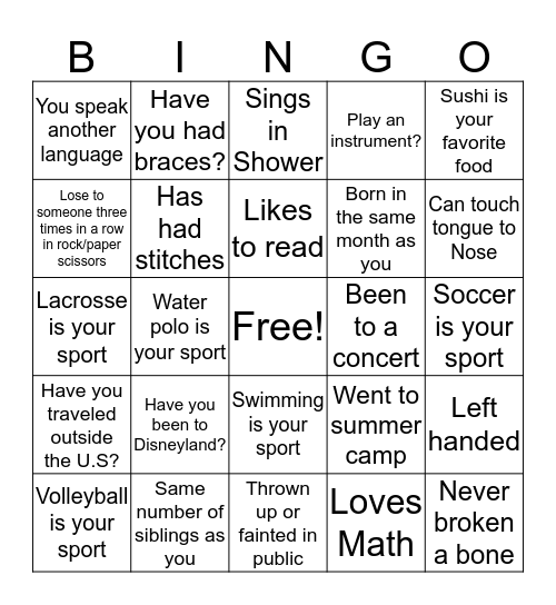 Bingo at the Bottene's Bingo Card